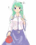  bag blue_eyes carrying_bag detached_sleeves frog frog_hair_ornament frown green_hair hair_ornament hair_tubes hands_on_own_chest kochiya_sanae long_hair looking_down miyo_(ranthath) simple_background snake_hair_ornament solo squiggle sweatdrop touhou white_background wide_sleeves 