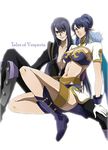  1girl blue_footwear blue_hair boots breasts copyright_name dorina gloves grey_footwear judith knee_boots large_breasts legs midriff pointy_ears red_eyes smile tales_of_(series) tales_of_vesperia yuri_lowell 