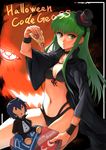  bad_id bad_pixiv_id bikini box breasts c.c. cape choker code_geass costume food green_hair halloween hat highres holding holding_box holding_food jack-o'-lantern lelouch_lamperouge looking_at_viewer multi-strapped_bikini pizza_box puma_(hyuma1219) small_breasts stuffed_toy swimsuit thighs wristband yellow_eyes 