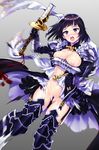  black_hair breasts breasts_outside censored covering covering_breasts erika_(shadowverse) fujimon medium_breasts navel nipples pubic_hair purple_eyes shadowverse solo sword torn_clothes weapon 