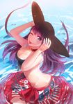  ;p bikini blue_eyes breasts choker cleavage cross fate/grand_order fate_(series) hands_on_headwear hat highres huamuan_huamuan long_hair medium_breasts one_eye_closed partially_submerged purple_hair saint_martha saint_martha_(swimsuit_ruler)_(fate) sarong solo swimsuit tongue tongue_out 