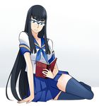  alternate_costume bangs bespectacled black_legwear blue-framed_eyewear blue_skirt book breasts eyebrows eyebrows_visible_through_hair glasses hime_cut kill_la_kill kiryuuin_satsuki large_breasts long_hair no_shoes open_book over-rim_eyewear reading ricci_escutin school_uniform semi-rimless_eyewear serafuku sitting skirt solo thick_eyebrows thighhighs very_long_hair zettai_ryouiki 