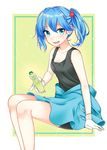  absurdres bike_shorts blue_eyes blue_hair blue_skirt border eyelashes gloves hair_bobbles hair_ornament highres kawashiro_nitori looking_at_viewer mameda_(artist) no_hat no_headwear open_mouth outside_border ramune shorts shorts_under_skirt sitting skirt smile solo sweat tank_top touhou twintails yellow_background 