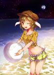  ;d animal_ears ball beachball blonde_hair bunny_ears bunny_tail collarbone cowboy_shot crop_top earth flat_cap floppy_ears hat highres looking_at_viewer midriff navel ocean one_eye_closed open_mouth piyodesu red_eyes ringo_(touhou) short_hair short_shorts shorts sky smile solo star_(sky) starry_sky tail touhou water wet wet_clothes wet_hair 