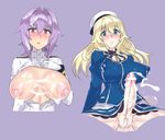  2girls after_paizuri atago_(kantai_collection) blonde_hair blush breasts censored cum cum_on_body evuoaniramu facial female_admiral_(kantai_collection) futa_with_female futanari gloves inverted_nipples kantai_collection lactation large_areolae large_breasts large_penis long_hair multiple_girls open_mouth open_shirt penis purple_hair pussy 