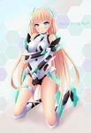  :o absurdres angela_balzac armor ass_visible_through_thighs bangs bare_shoulders blonde_hair blue_eyes blush boots breasts character_name covered_collarbone elbow_gloves embarrassed faulds full_body gloves greaves groin halterneck headgear hexagon highleg highleg_leotard highres hip_vent holding_arm honeycomb_(pattern) honeycomb_background impossible_clothes impossible_leotard knee_boots kneeling kuro_neko_(yxmikan) legs_apart leotard long_hair looking_at_viewer low_twintails medium_breasts neon_trim open_mouth parted_bangs pilot_suit raised_eyebrows rakuen_tsuihou shadow solo thigh_strap turtleneck twintails vambraces very_long_hair 