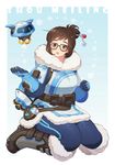  bangs beads belt belt_pouch black-framed_eyewear blue_gloves blue_legwear boots brown_eyes brown_hair canister canteen coat drone floating fur-trimmed_boots fur-trimmed_jacket fur_boots fur_coat fur_trim glasses gloves hair_bun hair_ornament hair_stick hand_up jacket looking_at_viewer machinery mei_(overwatch) overwatch parka parted_lips pink_lips pouch robot short_hair sidelocks sitting smile snowball_(overwatch) snowflake_hair_ornament solo spiked_boots spikes swept_bangs wariza winter_clothes winter_coat 