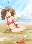  aircraft airplane alcohol alternate_breast_size arm_support beach beer beer_mug bikini bird blue_sky breasts brown_eyes brown_hair cloud crab cup day full_body holding holding_cup kantai_collection large_breasts navel ocean one_eye_closed open_mouth outdoors red_bikini ryuujou_(kantai_collection) sand seagull shiny sitting sky soil_7yi2i2s solo swimsuit teeth visor_cap yokozuwari 