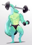  2016 abs anthro biceps digital_media_(artwork) dumbbell exercise holding_object horn kurokawasudou male muscular pecs reptile scalie simple_background smile solo standing unknown_species weightlifting weights workout 