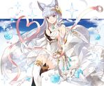  animal_ears asymmetrical_clothes asymmetrical_legwear bangs bare_shoulders blue_eyes blue_flower blue_rose blue_sky blunt_bangs breasts cat_ears cleavage cloud cloudy_sky crossed_legs dress elbow_gloves erune feathers fingerless_gloves flower gen_(gen_7254) gloves granblue_fantasy grin hair_ornament heart highres holding korwa long_hair looking_at_viewer medium_breasts pearl quill ribbon rose showgirl_skirt silver_hair sitting sky smile solo sparkle thighhighs tsurime white_gloves zettai_ryouiki 