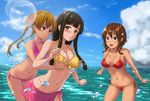  amy_(suisei_no_gargantia) bikini black_hair blue_eyes braid breast_grab breasts brown_eyes brown_hair cloud day grabbing green_eyes highres leaning_forward lens_flare long_hair melty_(suisei_no_gargantia) monoku multiple_girls ocean pink_bikini red_bikini saaya_(suisei_no_gargantia) sarong short_hair suisei_no_gargantia swimsuit tan twin_braids twintails water yellow_bikini 