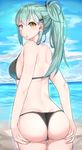 aqua_hair ass back bad_id bad_pixiv_id beach bikini black_bikini breasts cloud day highres kantai_collection large_breasts long_hair looking_at_viewer looking_back ocean open_mouth outdoors ponytail sky solo suzuharu_toufu suzuya_(kantai_collection) swimsuit yellow_eyes 