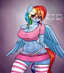  2016 anthro anthrofied blue_skin clothed clothing dialogue elzzombie english_text equine female friendship_is_magic hair hi_res looking_at_viewer mammal multicolored_hair my_little_pony pegasus rainbow_dash_(mlp) rainbow_hair solo text wings 