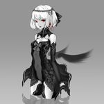  :d black_gloves breasts cancell cleavage covered_navel detached_sleeves gloves looking_at_viewer open_mouth original red_eyes short_hair small_breasts smile solo teeth white_hair 