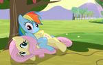  2016 blue_eyes blue_fur blush duo equine feathered_wings feathers female feral flower fluttershy_(mlp) friendship_is_magic fur hair hi_res horse hug landscape mammal multicolored_hair my_little_pony nature outside pegasus pink_hair plant pony purple_eyes rainbow_dash_(mlp) rainbow_hair shutterflyeqd sky sun tree wings yellow_feathers yellow_fur 