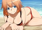  bikini blue_eyes blurry breasts charlotte_e_yeager cleavage large_breasts long_hair looking_at_viewer lying navel on_side orange_hair smile solo strike_witches swimsuit thigh_gap wet world_witches_series zimu 