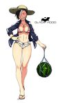  abs bikini black_hood cross eyes_closed flippers furrowed_brows hood kamezaemon legs navel ring short_shorts smile straw_hat thighs watermelon 