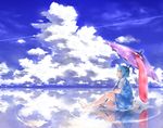  barefoot blue_hair blue_sky cloud day from_side highres karakasa_obake ototobe red_eyes reflection short_hair sitting sitting_on_water sky solo tatara_kogasa touhou umbrella 