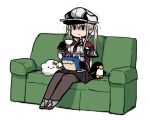  1girl black_gloves black_legwear blonde_hair capelet coffee_cup commentary_request couch cup disposable_cup failure_penguin gloves graf_zeppelin_(kantai_collection) hat kantai_collection long_hair lowres miss_cloud necktie pantyhose peaked_cap sidelocks simple_background sitting solid_oval_eyes stuffed_animal stuffed_shark stuffed_toy terrajin trembling twintails white_background 