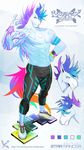  2016 abs anthro clothed clothing digital_media_(artwork) ear_piercing english_text equine fur hair horn japanese_text kurokawasudou looking_at_viewer male mammal model_sheet muscular pecs piercing smile solo standing text topless unicorn white_fur 