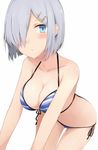  alternate_costume bare_shoulders bikini blue_eyes breasts cleavage closed_mouth cole commentary_request hair_ornament hair_over_one_eye hairclip hamakaze_(kantai_collection) kantai_collection large_breasts looking_at_viewer simple_background solo striped striped_bikini swimsuit white_background white_hair 