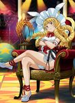  blonde_hair crossed_arms crossed_legs drill_hair fire hat ikkitousen indoors long_hair minamoto_kurou_yoshitsune_(ikkitousen) sitting solo whip white_hat yellow_eyes 