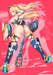  1girl 2d :q ass blonde_hair blush breasts gloves headgear highres large_breasts long_hair looking_at_viewer looking_back mecha_musume mechanical_legs original red_eyes sideboob smile solo tongue tongue_out wheel 