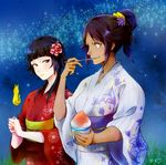  bad_id bad_pixiv_id black_hair bleach blush dark_skin eating grey_eyes hair_up japanese_clothes kimono multiple_girls purple_hair ronisuke shaved_ice shihouin_yoruichi short_hair sui-feng yellow_eyes 