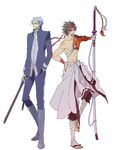  alternate_costume beard facial_hair highres katana male_focus multiple_boys ootachi ringo_no_hito rurouni_kenshin sagara_sanosuke saitou_hajime_(rurouni_kenshin) simple_background sword weapon 