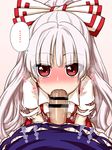  2girls bar_censor blush censored fellatio female_pov fujiwara_no_mokou futa_with_female futanari futanari_pov highres itou_yuuji kamishirasawa_keine long_hair looking_at_viewer multiple_girls oral penis pov red_eyes spoken_ellipsis sweatdrop torn_clothes touhou very_long_hair white_hair 