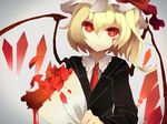  alternate_costume blonde_hair blood blood_on_face bloody_tears bouquet eyebrows eyebrows_visible_through_hair flandre_scarlet flower formal hair_between_eyes hat hat_ribbon highres looking_at_viewer mob_cap necktie petals red_eyes red_neckwear red_ribbon ribbon side_ponytail solo suit touhou upper_body white_background wings yamaarashi_(kakamiaku) 