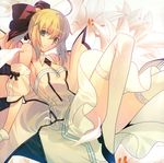  absurdres ahoge artoria_pendragon_(all) bare_shoulders blonde_hair bow breasts cleavage detached_sleeves fate/stay_night fate/unlimited_codes fate_(series) flower green_eyes hair_bow hair_ribbon highres lily_(flower) looking_at_viewer medium_breasts non-web_source parted_lips petals ponytail ribbon saber saber_lily solo takeuchi_takashi thighhighs thighs white_legwear wing_collar 