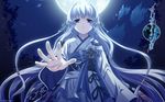  2008 aoi_shiro blue_eyes cloud copyright_name hair_ribbon highres japanese_clothes kimono long_hair moon moonlight nami_(aoi_shiro) night official_art outstretched_hand ribbon solo wallpaper white_hair yasaka_minato 