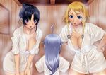  2girls :o absurdres age_difference ahoge alternate_hairstyle bangs black_hair blonde_hair blue_eyes blush braid breasts child cleavage covered_nipples cowboy_shot downblouse duplicate eiwa fiotiel_shalaklard flipped_hair from_behind hair_bun hair_ornament hair_up hands_on_hips hands_on_thighs highres indoors large_breasts leaning_forward leina long_hair looking_down multiple_girls official_art onsen open_clothes open_robe otoko_no_ko queen's_blade robe sash scan see-through short_hair short_sleeves sidelocks silver_hair spread_legs standing steam surprised sweat thick_thighs thighs tomoe twin_braids upper_body wet wet_clothes wooden_wall 