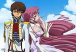  1girl absurdres blue_eyes brown_hair cloud code_geass couple day dress euphemia_li_britannia green_eyes hetero highres itagaki_atsushi kururugi_suzaku long_hair pink_hair scan sky uniform very_long_hair 