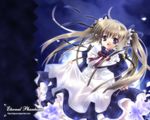  :d blonde_hair capura_lin flower long_hair maid open_mouth original petals pointy_ears purple_hair ribbon skirt skirt_lift smile solo twintails wallpaper watermark web_address 