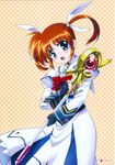  bow fingerless_gloves gloves highres long_sleeves lyrical_nanoha magazine_(weapon) magical_girl mahou_shoujo_lyrical_nanoha mahou_shoujo_lyrical_nanoha_a's official_art okuda_yasuhiro purple_eyes raising_heart red_bow red_hair solo takamachi_nanoha twintails 