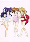  arisa_bannings bikini blonde_hair blue_eyes green_eyes highres innertube lyrical_nanoha mahou_shoujo_lyrical_nanoha multiple_girls okuda_yasuhiro one_eye_closed ponytail purple_eyes purple_hair red_hair scan swimsuit takamachi_nanoha tsukimura_suzuka twintails 