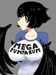  alternate_costume black_eyes black_hair black_wings breasts cibastion clothes_writing collarbone dark_souls_iii feathered_wings feathers grey_background harpy huge_breasts impossible_clothes impossible_shirt mega_milk meme_attire monster_girl pickle_pee_pump-a-rum_crow raglan_sleeves shirt short_hair simple_background solo souls_(from_software) t-shirt upper_body winged_arms wings 