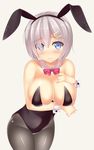  :&gt; animal_ears bad_id bad_twitter_id black_legwear bow bowtie breast_suppress breasts bunny_girl bunnysuit cleavage closed_mouth cowboy_shot detached_collar eyes_visible_through_hair fake_animal_ears grey_background hair_ornament hair_over_one_eye hairclip hamakaze_(kantai_collection) kantai_collection looking_at_viewer medium_breasts pantyhose red_bow red_neckwear satsuki_mocchi short_hair silver_hair simple_background solo tears wrist_cuffs 