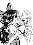  ass_grab bare_shoulders blush bow braid breath cheek-to-cheek detached_sleeves eyebrows eyebrows_visible_through_hair frottage greyscale grin hair_bow hair_tubes hakurei_reimu heavy_breathing highres hug itou_yuuji kirisame_marisa long_hair looking_at_another monochrome multiple_girls one_eye_closed puffy_short_sleeves puffy_sleeves short_sleeves side_braid simple_background single_braid skirt smile sumo sweat teeth touhou vest white_background yuri 