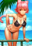  animal_ears ariverkao arm_support artist_name bare_arms bare_shoulders bikini blue_sky brown_eyes cat_ears cat_tail closed_mouth cloud collarbone dated day half-closed_eye hand_on_hip horizon leaning_forward looking_at_viewer navel ocean original outdoors palm_tree pink_hair plant railing short_hair sky solo standing stomach summer swimsuit tail tree water 