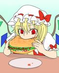  ascot blonde_hair crystal eating flandre_scarlet food food_on_face hamburger hat hat_ribbon miyo_(ranthath) mob_cap plate red_eyes ribbon short_sleeves side_ponytail sketch solo table touhou wings 