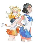  bangs bare_legs bishoujo_senshi_sailor_moon black_eyes black_hair blonde_hair blue_bow blue_choker blue_eyes blue_sailor_collar blue_skirt bow braid brooch choker circlet closed_mouth cosplay cowboy_shot eye_of_horus facial_mark facial_tattoo from_side gloves hair_tubes hand_on_hip headgear inner_senshi jewelry long_hair looking_away magical_girl mechanical_halo mercy_(overwatch) miniskirt multiple_girls orange_choker orange_sailor_collar orange_skirt overwatch pharah_(overwatch) pleated_skirt sailor_collar sailor_mercury sailor_mercury_(cosplay) sailor_senshi sailor_senshi_uniform sailor_venus sailor_venus_(cosplay) school_uniform serafuku serious short_hair side_braids skirt sleeveless smile tattoo tiara white_background white_gloves 