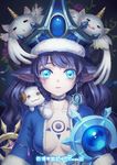  1girl :3 absurdres alternate_costume alternate_skin_color animal_ears blue_eyes blue_hat blush_stickers braid breasts choker cleavage crying crying_with_eyes_open crystal destincelly earrings hat highres jewelry league_of_legends long_hair looking_at_viewer lulu_(league_of_legends) medium_breasts open_mouth pointy_ears poro_(league_of_legends) solo staff tattoo tears translation_request upper_body winter_wonder_lulu yordle 
