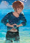  bad_id bad_pixiv_id belt bird blue_eyes brown_hair cloud cloudy_sky day fighter_(granblue_fantasy) gran_(granblue_fantasy) granblue_fantasy hood hoodie male_focus ocean outdoors sky solo ukumo_uichi wading water wet wet_clothes wet_hair wringing_clothes 