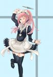  ;d apron dagger felicia_(fire_emblem_if) fire_emblem fire_emblem_if green_eyes haru_(nakajou-28) long_hair maid maid_apron maid_headdress one_eye_closed open_mouth pink_hair ponytail smile solo thighhighs weapon 