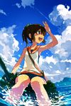  :d alternate_eye_color bangs bare_shoulders blue_eyes blue_sky brown_hair cloud cloudy_sky crop_top daakuro day hair_between_eyes high_ponytail highres i-401_(kantai_collection) kantai_collection knees_together_feet_apart mountain ocean one-piece_swimsuit open_mouth outdoors school_swimsuit school_uniform serafuku shirt short_hair short_ponytail sideways_mouth sitting sky sleeveless sleeveless_shirt smile solo swimsuit swimsuit_under_clothes tan teeth water 