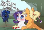  2016 applejack_(mlp) blonde_hair blue_eyes blue_fur blush dialogue earth_pony english_text equine evehly female feral food friendship_is_magic fur group hair hi_res horn horse mammal my_little_pony open_mouth orange_fur outside pony princess_luna_(mlp) rarity_(mlp) sweat text unicorn white_fur winged_unicorn wings 