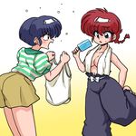  angry bangs barefoot black_pants blue_eyes blue_hair braid breasts chinese_clothes food from_behind genderswap genderswap_(mtf) green_shirt holding holding_shirt looking_at_another medium_breasts multiple_girls open_mouth pants parted_lips popsicle ranma-chan ranma_1/2 red_hair saotome_ranma shirt shirt_removed short_hair short_shorts shorts shouting single_braid standing striped striped_shirt sweatdrop tank_top tendou_akane topless towel towel_around_neck wanta_(futoshi) white_shirt white_towel yellow_shorts 